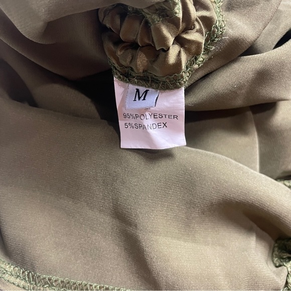 ✨ Olive Green Satin Ruched Drape Neck Side Drawstring Two Piece Cami Top & Skirt - Picture 4 of 4